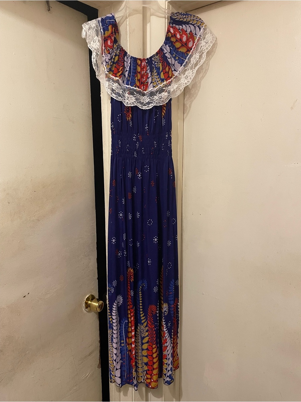 Boho Floral Off-Shoulder Maxi Dress in Deep Blue with Multicolor Print Size XL
